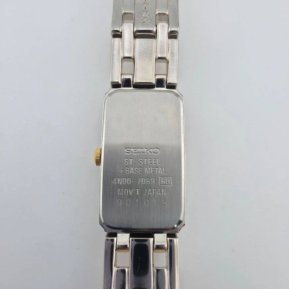 Vtg SEIKO Ladies Watch 4N00-7089 White Rectangle Dial Silver Gold Plate 7.25